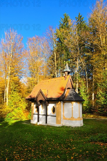 Hubertus Chapel in autumn-coloured forest near Oberschönenfeld in the Augsburg Western Forests