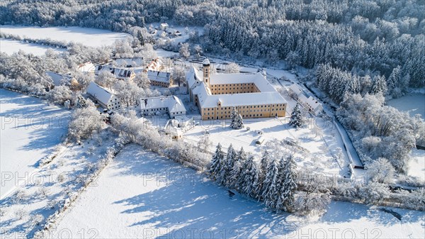 Aerial view of the Cistercian Abbey of Oberschönenfeld near Augsburg in the Western Forests nature