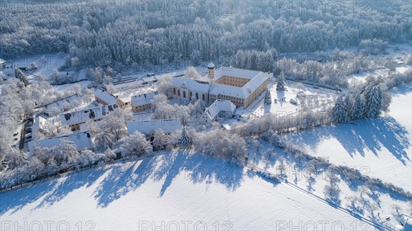 Aerial view of the Cistercian Abbey of Oberschönenfeld near Augsburg in the Western Forests nature