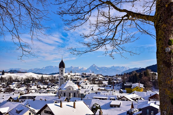 View of the Allgäu municipality of Nesselwang with the church of St Andrew, in the background the