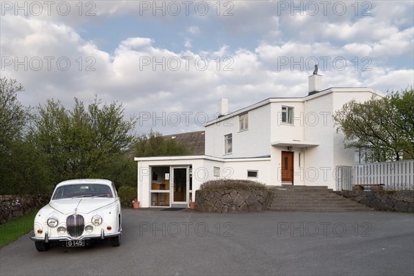 Jaguar and house of Nobel Prize winner Halldor Laxness, Gljúfrasteinn-Laxness Museum,