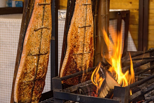 Flame-grilled salmon in a fire bowl, fillets of salmon grilled over an open flame, fish cooked,