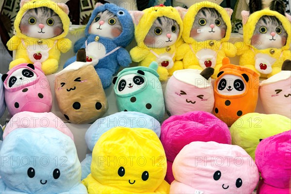 Funny colourful soft toys, stuffed animals, prizes, raffle prizes, lucky draw, lottery stand,