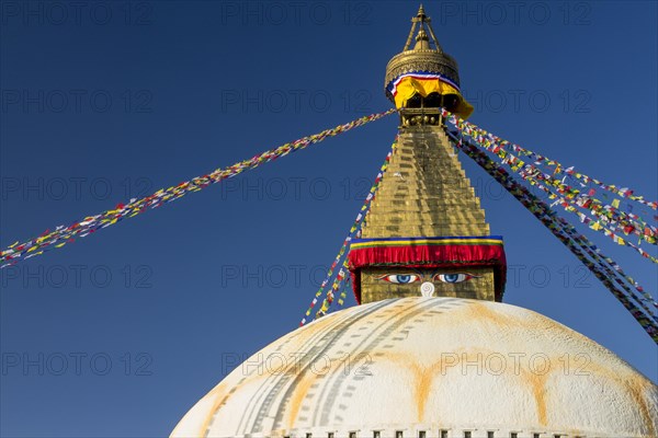 Dome and golden tower of Boudhanath, the Bouddha Stupa, the largest stupa in Nepal, Buddhist