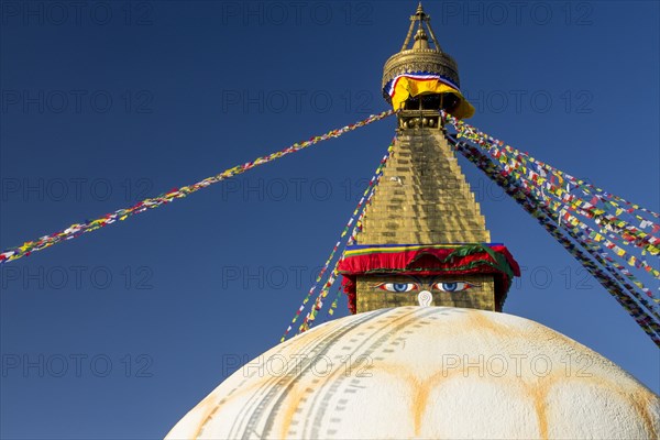 Dome and golden tower of Boudhanath, the Bouddha Stupa, the largest stupa in Nepal, Buddhist