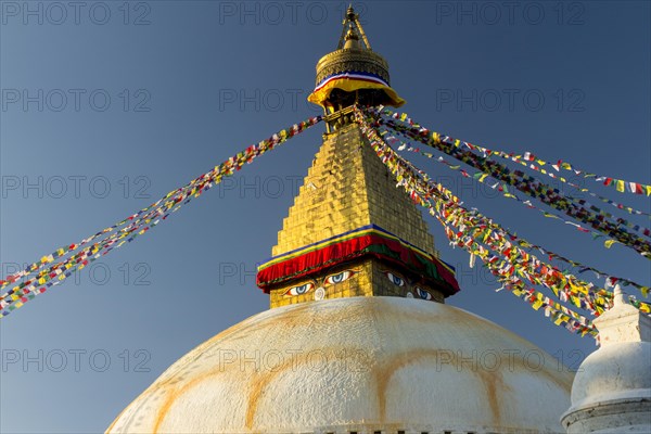 Dome and golden tower of Boudhanath, the Bouddha Stupa, the largest stupa in Nepal, Buddhist