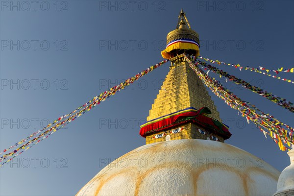 Dome and golden tower of Boudhanath, the Bouddha Stupa, the largest stupa in Nepal, Buddhist