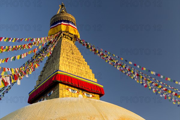 Dome and golden tower of Boudhanath, the Bouddha Stupa, the largest stupa in Nepal, Buddhist