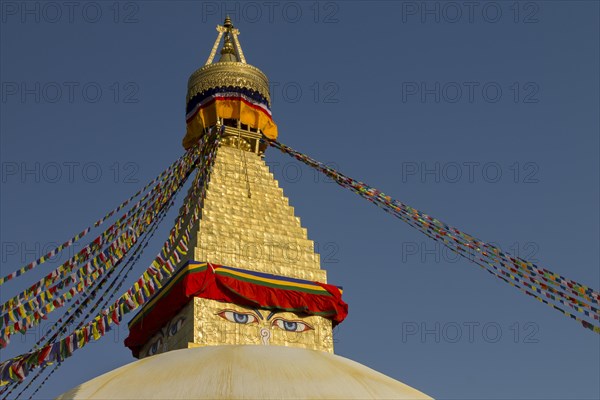 Dome and golden tower of Boudhanath, the Bouddha Stupa, the largest stupa in Nepal, Buddhist