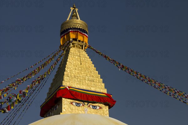 Dome and golden tower of Boudhanath, the Bouddha Stupa, the largest stupa in Nepal, Buddhist