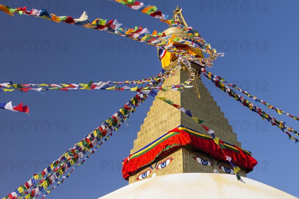 Dome and golden tower of Boudhanath, the Bouddha Stupa, the largest stupa in Nepal, Buddhist