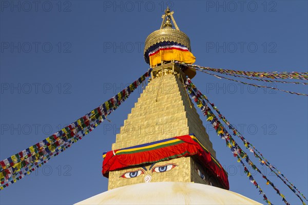 Dome and golden tower of Boudhanath, the Bouddha Stupa, the largest stupa in Nepal, Buddhist