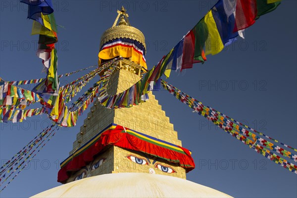 Dome and golden tower of Boudhanath, the Bouddha Stupa, the largest stupa in Nepal, Buddhist