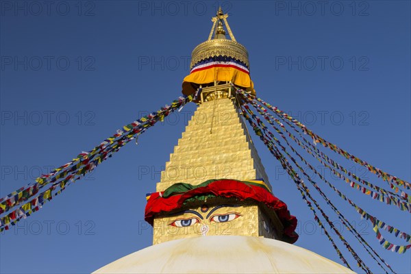 Dome and golden tower of Boudhanath, the Bouddha Stupa, the largest stupa in Nepal, Buddhist