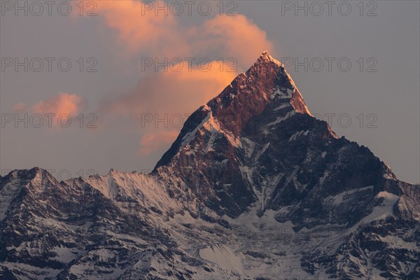 Machapuchare (6993m), Fishtail Mountain, the sacred peak in the Annapurna massif of the Himalayas,