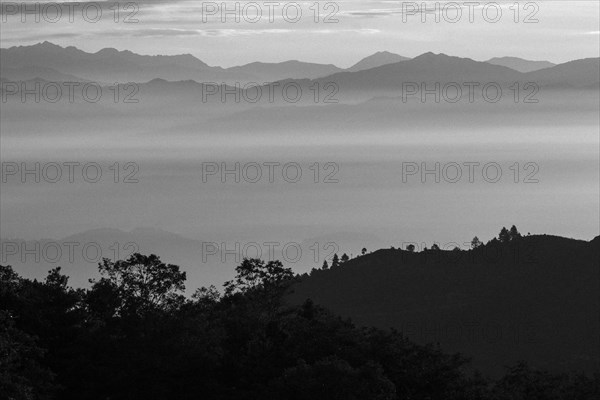 Silhouettes of Himalayan mountain ridges above the clouds in the valleys and some trees in the