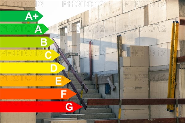 Construction site of a new housing estate, graphic with energy efficiency classes for buildings