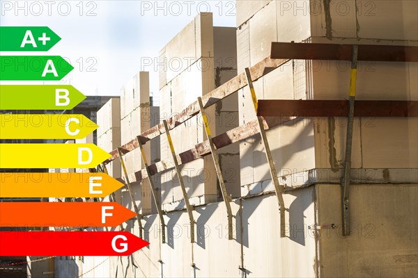 Construction site of a new housing estate, graphic with energy efficiency classes for buildings
