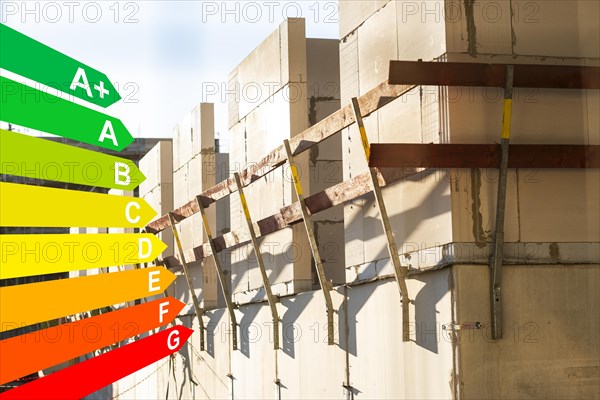 Construction site of a new housing estate, graphic with energy efficiency classes for buildings