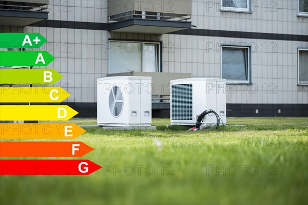 Two heat pumps on a lawn of a family home, graphic with energy efficiency classes for buildings