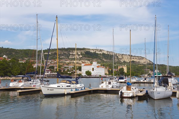 Sailing boats in the marina with clear sky and hills in the background, Balchik, Balchik, Bal?ik,