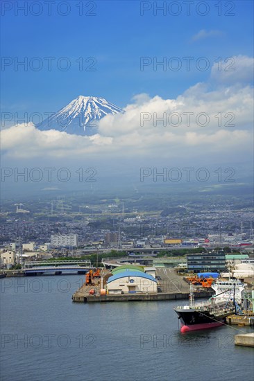 View over the city Fuji and Tagonoura Port with Mount Fuji in the background in spring, Shizuoka