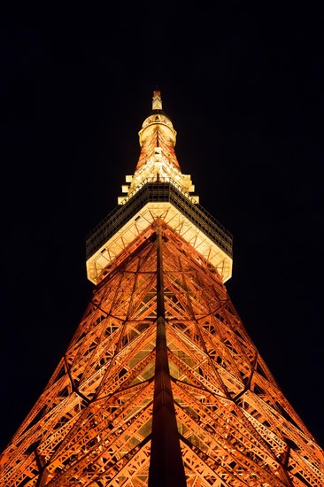 Tokyo Tower illuminated at night, communications and observation tower in the Shiba-koen district