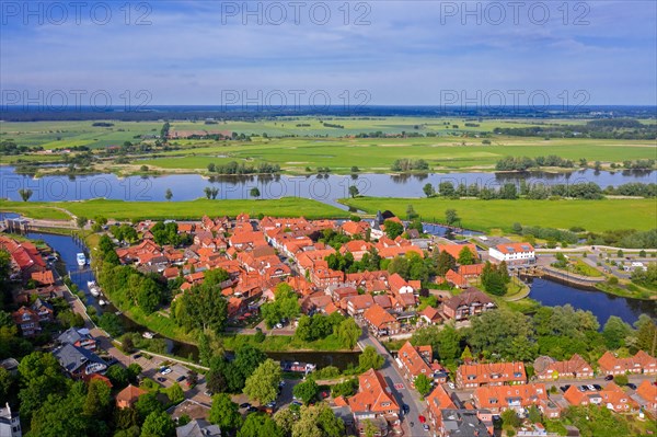 Aerial view over the old town Hitzacker along the Elbe River in summer in the Lüchow-Dannenberg