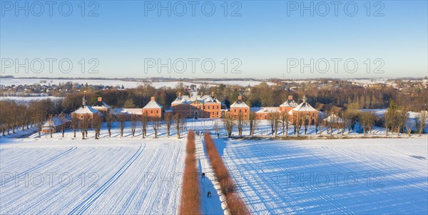 Aerial view over 18th century Schloss Bothmer, Baroque palatial manor house near the town Klütz in