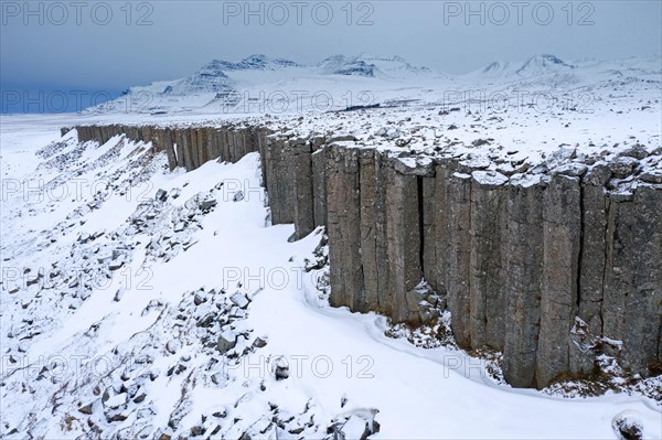 Gerðuberg, Gerduberg basalt columns in winter, cliff of dolerite in the Hnappadalur valley located
