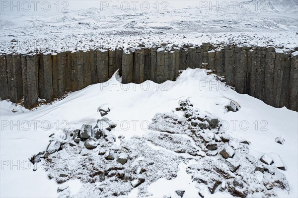 Gerðuberg, Gerduberg basalt columns in winter, cliff of dolerite in the Hnappadalur valley located