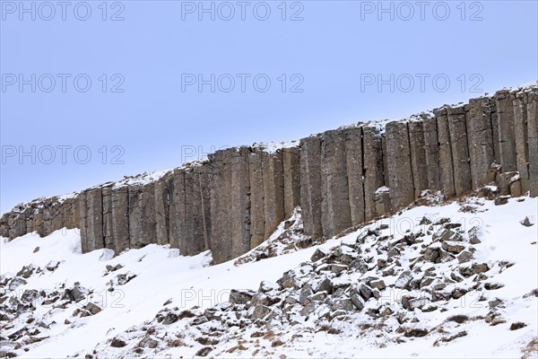 Gerðuberg, Gerduberg basalt columns in winter, cliff of dolerite in the Hnappadalur valley located