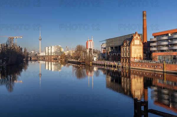 City view Berlin, cultural centre Radialsystem, television tower Alexanderplatz behind, view from
