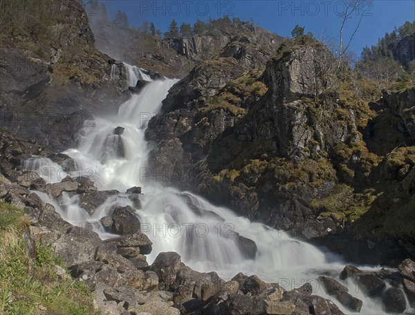 The famous waterfall Laatefosssen from Odda, Hardanger, Norway, in May 2015, Europe