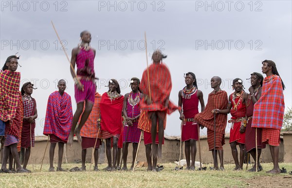 Maasai people preforming the traditional jumping dance in a Maasai village in Maasai Mara, Kenya,