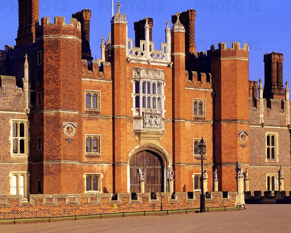 The main entrance to Hampton Court Palace, built for King Henry VIII, west London