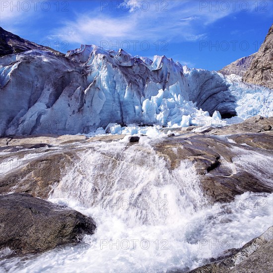 A vigourous melt-water stream issuing from the snout of the Nigardsbreen glacier, Jostedal National