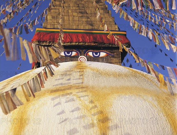 Close-up of the Great Stupa in the Tibetan quarter at Boddnath or Bauda in the Kathandu valley,