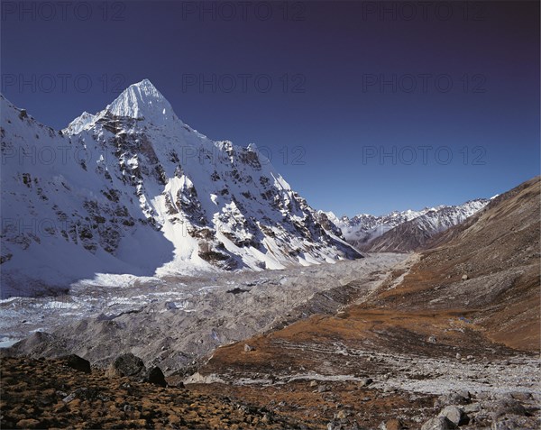 Wedge Peak and the Kangchenjunga Glacier seen across base camp at Pang Pema in east Nepal