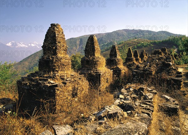 Buddhist chortens at an ancient cemetery near Gul Bhanjyang in the Helambu region of central Nepal