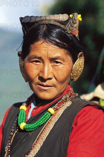 Sherpa woman at Dasaain festival in Seduwa village in the Makalu region of east Nepal. The solid