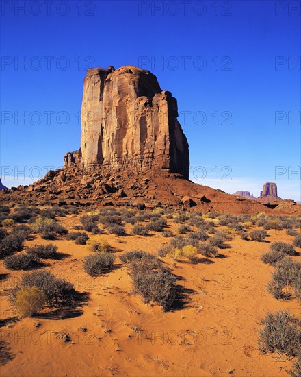 Elephant Butte seen across the desert-floor with thorn-scrub, other buttes in distance, Monument