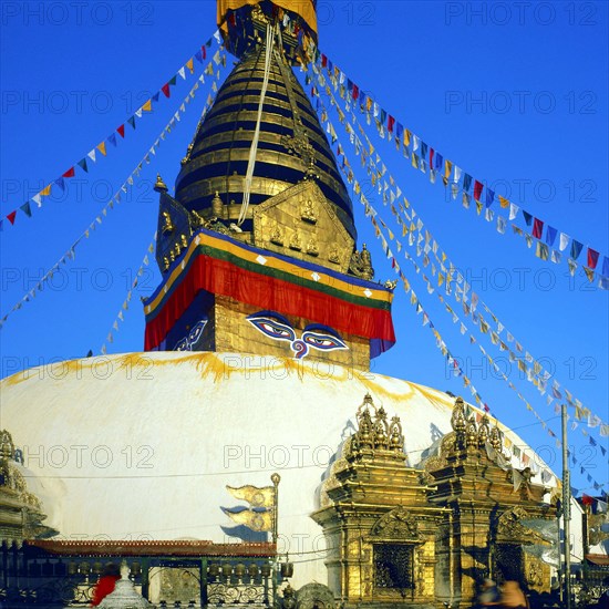 The stupa at Swayambunath, Kathmandu, Nepal. The sacred hilltop of Swayambu is celebrated by