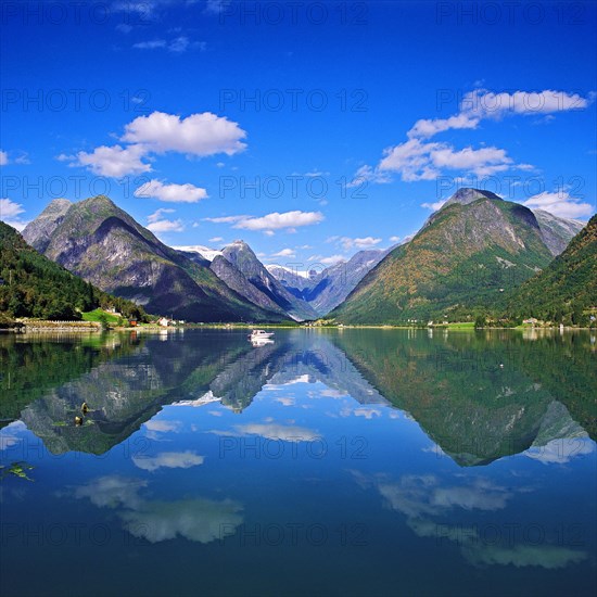 Fjaerlandfjord and the scattered town of Fjaerland in the Sogn district, Norway, Europe