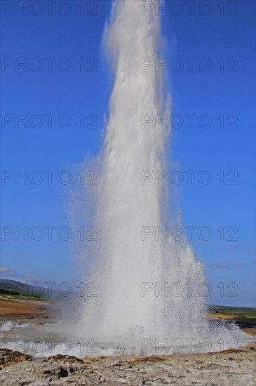 The geyser Strokkur fires steam and boiling water up to a height of around 20m, at Storr Geysir,