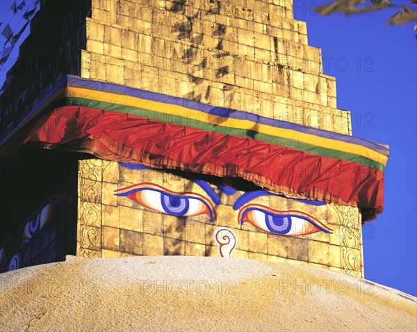 Close-up of the Great Stupa in the Tibetan quarter at Boddnath or Bauda in the Kathandu valley,