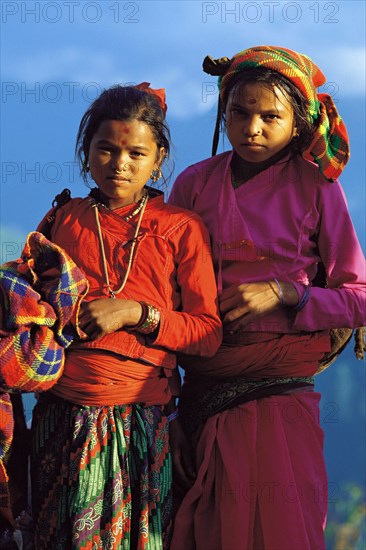 Two Rai girls in their best clothes for Dasaain festival in Seduwa village in the Makalu region of