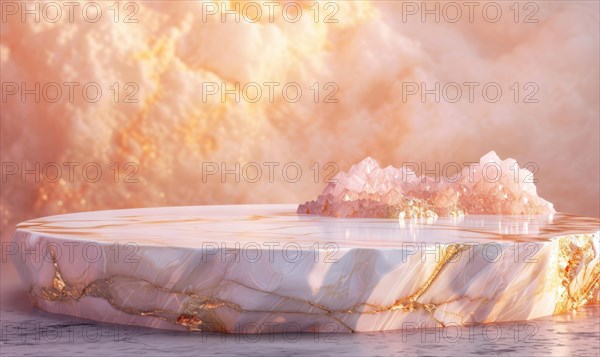 Abstract background with marble podium and rose quartz, minimal scene for product display AI