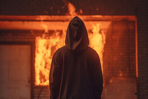 Back view of hooded figure in front of burning building. Arson concept. KI generiert, generiert AI