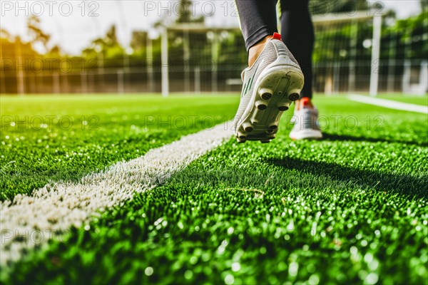 Close-up, person wearing football boots and running on a bright green pitch in sunny weather, AI